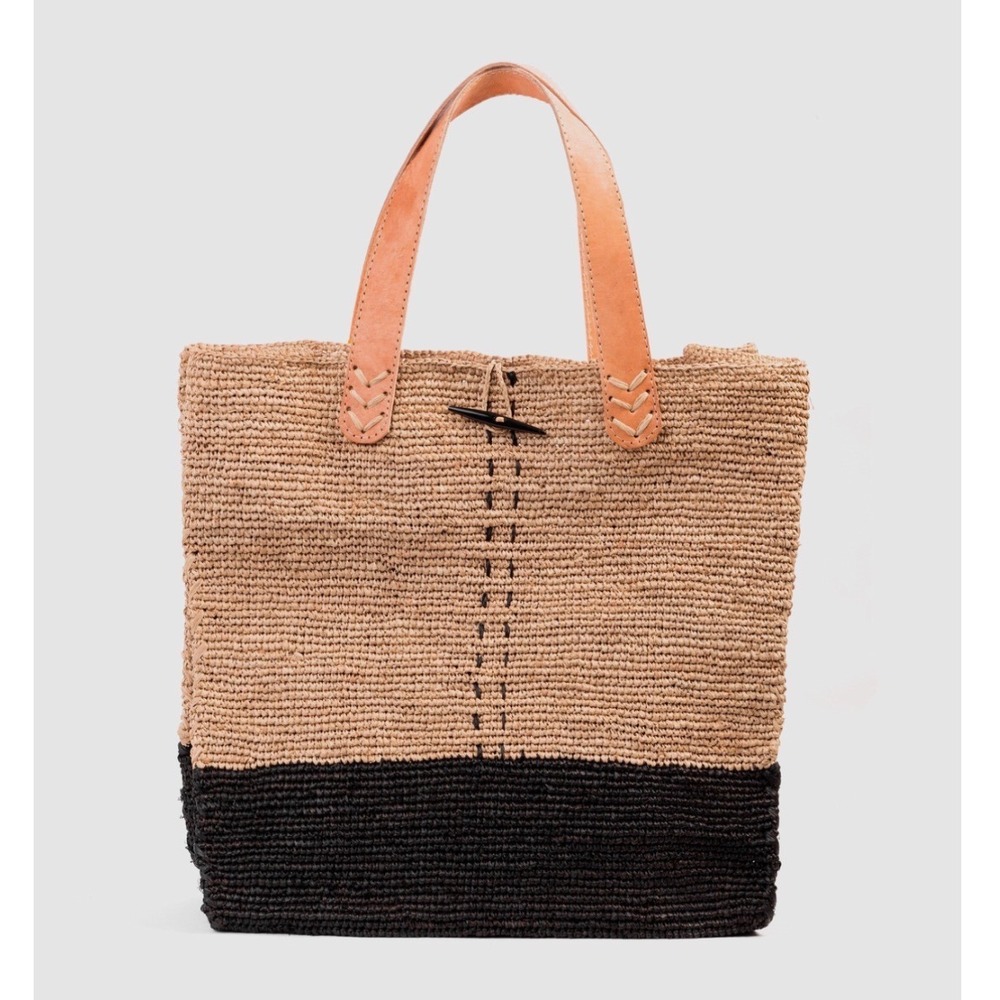 Unbranded Woven Straw Tote Bag Womens Large Tan Brown Colorblock Leather Straps